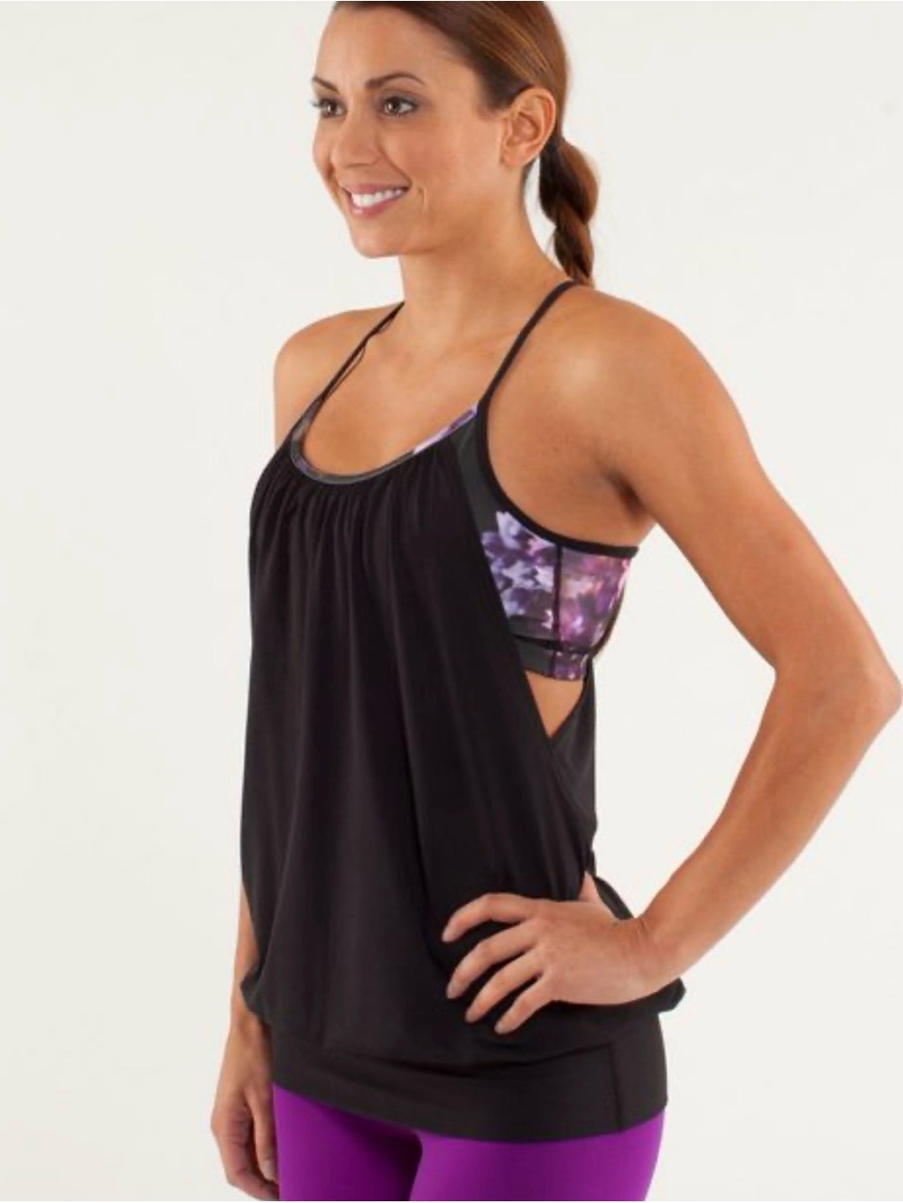 Lululemon No Limits Tank Black Loose Fit Tank with Purple Floral Sports Bra Peek